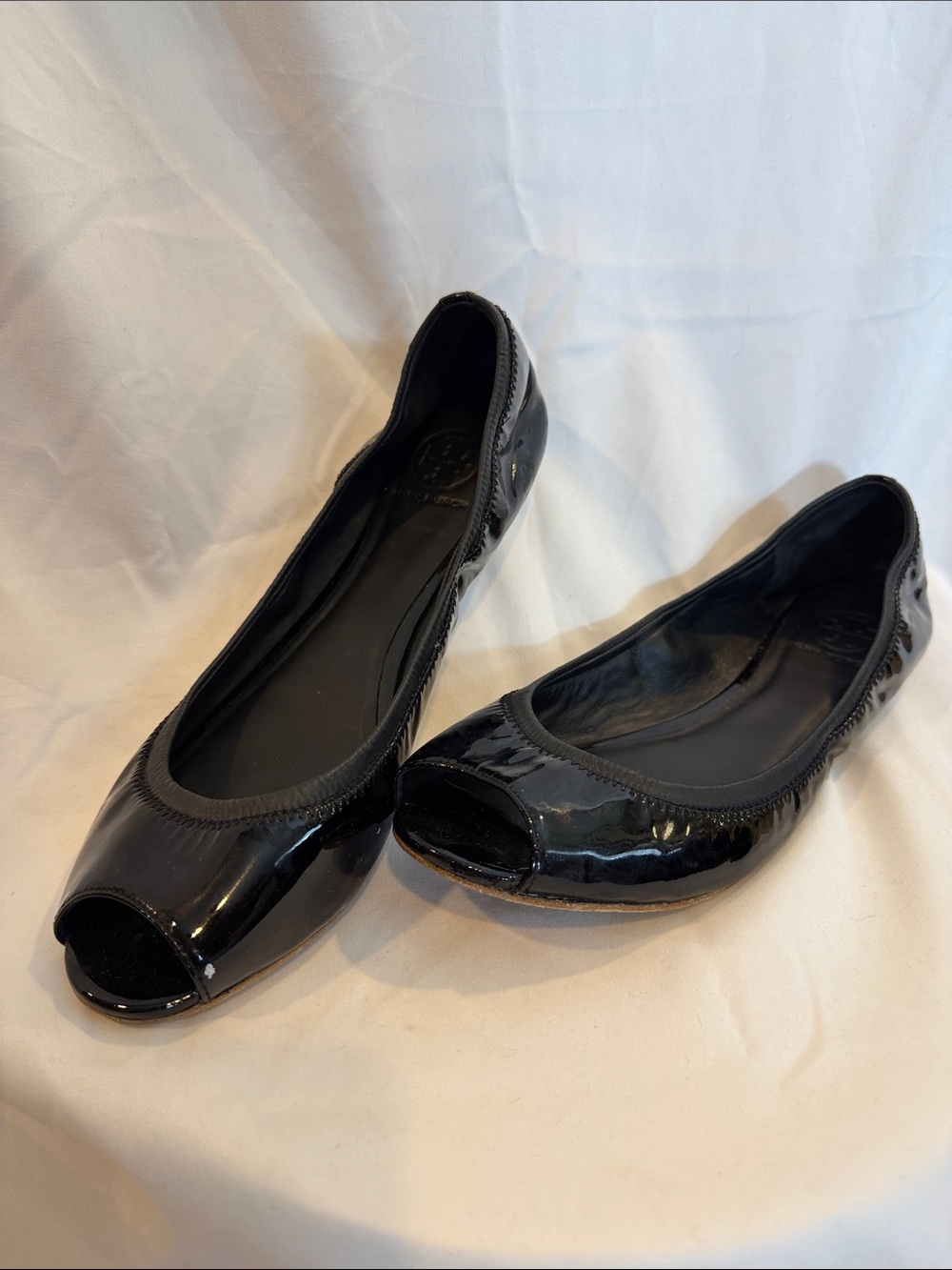 Tory Burch Black Patent Peep Toe Ballet Flats Size 11